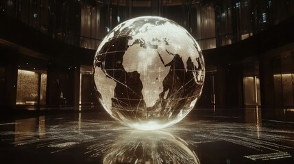 A globe made entirely of holographic light, surrounded by abstract data symbols, representing world trade connections, modern, clean, tech
