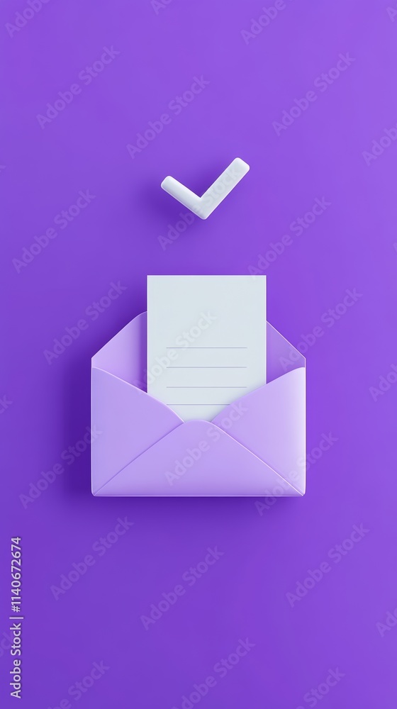 Poster newsletter subscription confirmed: open envelope with check mark symbol on purple background