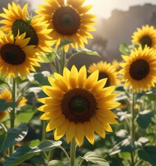 Obraz premium Sunflowers swaying gently in the breeze with their bright yellow petals shining like miniature suns, garden, nature