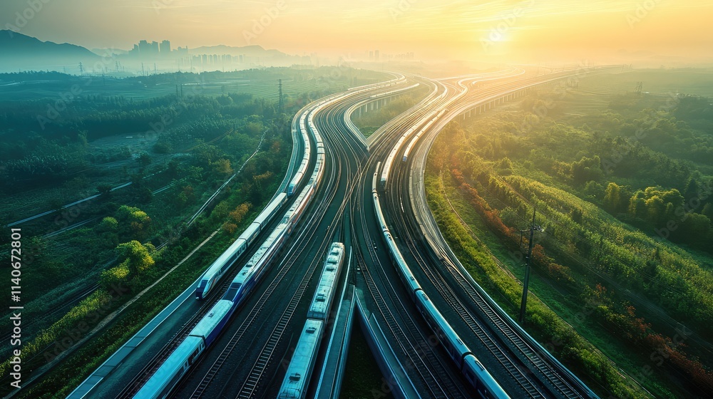 Poster a scenic aerial view of a high-speed train network, with multiple trains navigating through diverse 
