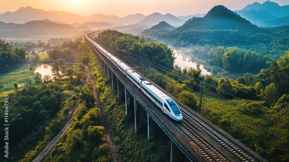 Poster a scenic aerial view of a high-speed train network, with multiple trains navigating through diverse 