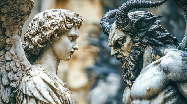 Angel and devil statues representing good and evil