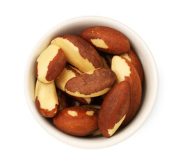 Fototapeta premium Tasty Brazil nuts in bowl isolated on white, top view