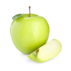 Whole and cut fresh green apples isolated on white