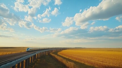 A scenic view of a high-speed train on elevated tracks crossing a wide expanse of farmland under a cloud-dotted sky
