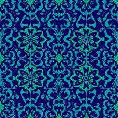 Azure Floral Damask:  A seamless pattern of teal and navy damask.  Elegant, intricate, and perfect for luxurious designs. 