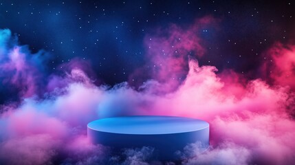 Blank round podium for product presentation with abstract colorful smoke background