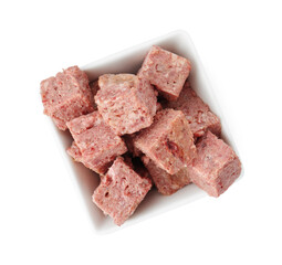 Canned meat in bowl isolated on white, top view