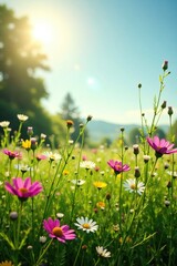 Obraz premium Tall grasses sway gently in the breeze while delicate wildflowers dance around them under a warm sun, garden, wildflower