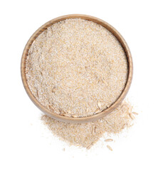 Oat bran in bowl isolated on white, top view