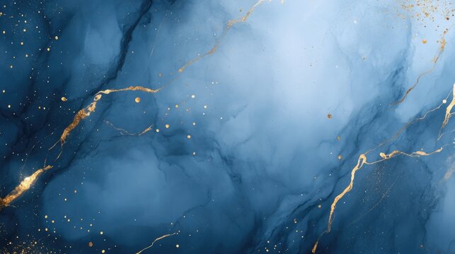 Abstract blue marble texture with gold splashes, blue luxury background 