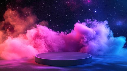 Fototapeta premium Blank round podium for product presentation with abstract colorful smoke background