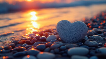 Fototapeta premium A heart-shaped stone lying in the sand on a beach at sunset.
