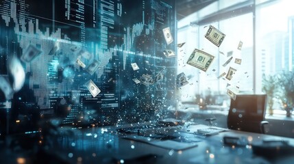 A high-tech office where holographic financial data is collapsing and graphs are spiraling downward, with fractured currency symbols hovering in the air, representing debt and business failure.