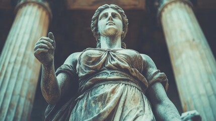 Obraz premium Sculptural Detail of a Classical Statue Surrounded by Majestic Columns in a Historical Architectural Setting Symbolizing Timeless Elegance and Cultural Heritage