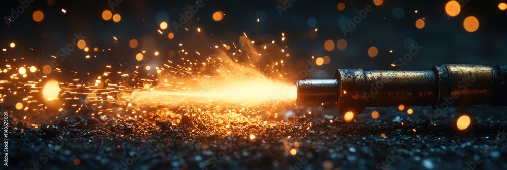 Poster a close-up of a spark-producing tool creating bright sparks against a dark background.