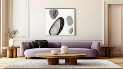 Interior design of modern living room with purple sofa, cushions, cozy decor. Wall with abstract art. 