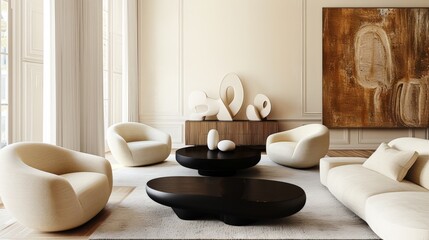Scandinavian interior design of modern living room. Stylish white boucle chairs, black round coffee table, minimalist decor. Wall with abstract art. 