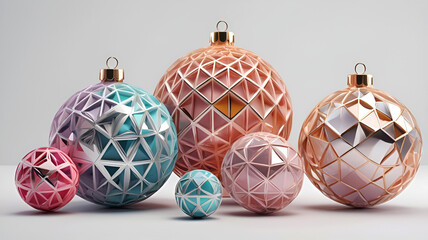A collection of modern and abstract Christmas ornaments in vibrant and pastel colors, featuring unique geometric shapes such as stars, spheres, and diamonds. Each ornament showcases intricate metallic