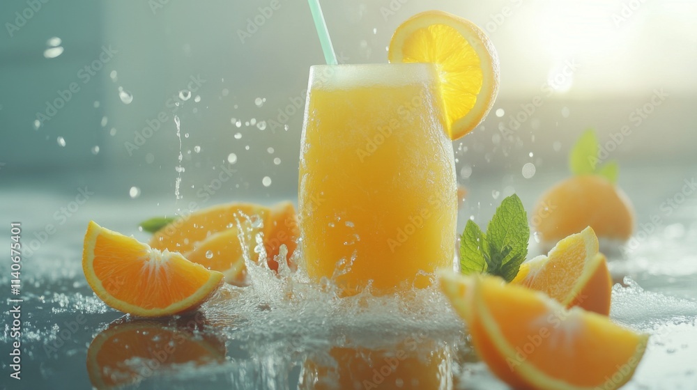 Poster fresh orange juice splash with citrus garnish on a summer day