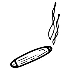 Lighted cigar hand drawn doodle. Cigarette made of rolled tobacco leaves. Smoking, smoke. Vector line art illustration.