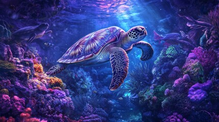 Fototapeta premium Majestic Sea Turtle Swimming Through Vibrant Coral Reef Underwater