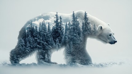 Obraz premium A double exposure of a polar bear and a forest landscape, blending nature and wildlife.