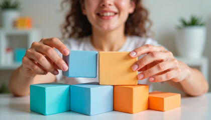 Woman building colorful blocks indoors
