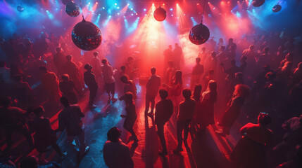 Obraz premium Disco in retro style in the middle from above a disco ball, people dancing in retro costumes.