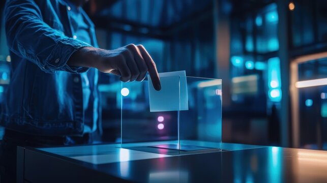 A futuristic blockchain-based voting system, where citizens can securely cast their votes through decentralized, tamper-proof digital platforms