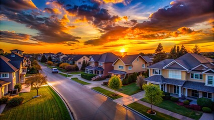 Silhouette Photography: Peaceful Cul-de-sac Sunset, Evening Shadows, Neighborhood Scene, Home Silhouette