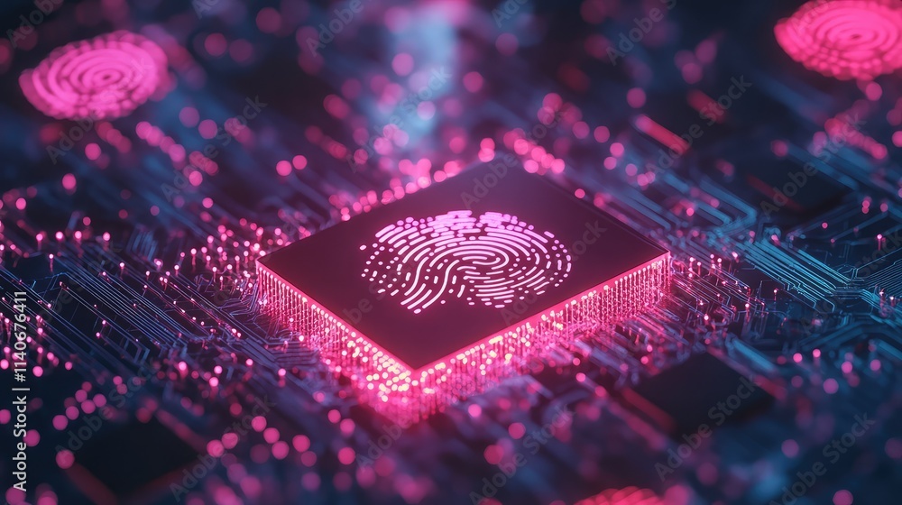Poster a sleek biometric microchip glowing softly, surrounded by digital waveforms and fingerprint designs 