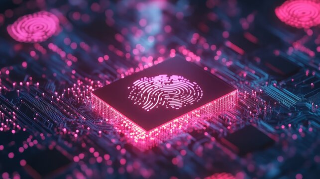 A sleek biometric microchip glowing softly, surrounded by digital waveforms and fingerprint designs to symbolize secure identity recognition