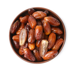 Tasty dried dates in bowl isolated on white, top view