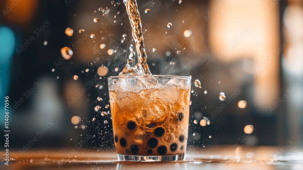 Poster Refreshing Bubble Tea with Splashing Beverage in Clear Glass