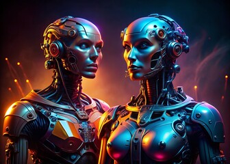 Silhouette Robot Duo: Neutral Expression AI Generated Image, Futuristic Androids, Sci-Fi Photography