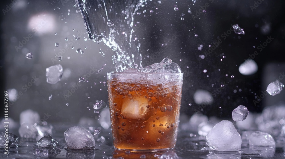 Poster splashing drink with ice cubes and refreshing bubbles in glass