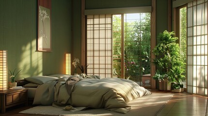 A bedroom with a serene and luxury interior with beautiful furniture 