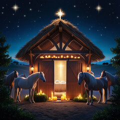 Wooden Stable at Dark Blue Starry Night, Jesus Christ Birth Concept with Copy Space.