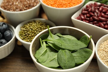 Superfood. Different healthy food products on wooden table, closeup