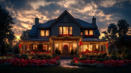 Fototapeta premium An elegant holiday house glowing with festive fairy lights, garlands with red bows draped along the porch, vibrant poinsettias framing the yard, a serene evening sky providing a peaceful backdrop,