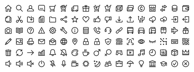 Line icons set for website or mobile app. Web design elements at 24x24 pixels. Collection of linear symbols. Vector illustration