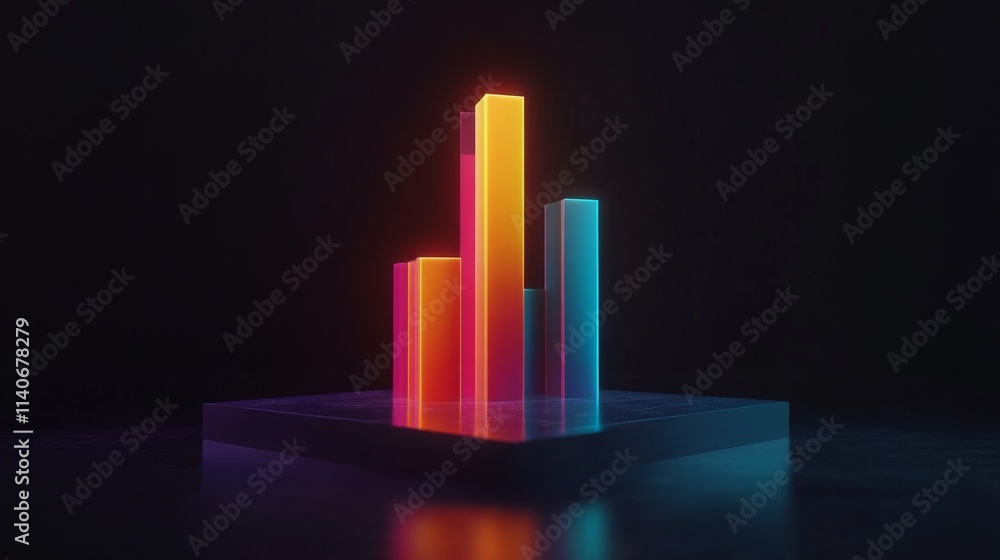 Poster futuristic neon bar graph display in dark setting for data visualization