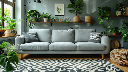 Interior of light living room with grey sofas, shelf unit and plants.