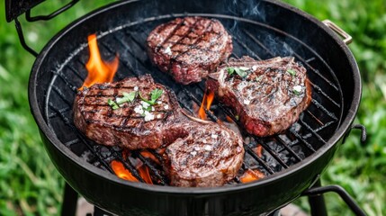 Juicy Grilled Steaks Cooking on Charcoal Grill with Flames