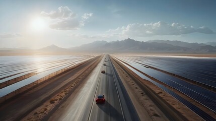 Fototapeta premium Futuristic Solar Farm Traversed by Electric Vehicles on Sprawling Desert Highway
