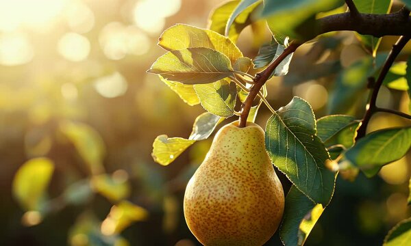 A ripe pear hanging from a branch, illuminated by warm sunlight in a lush environment.