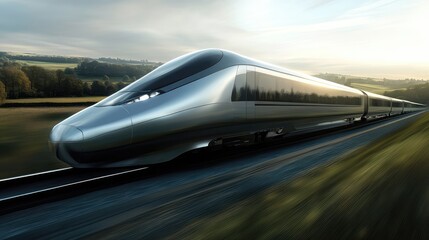 Fototapeta premium A sleek high-speed train racing through a scenic countryside, with motion blur emphasizing its incredible speed