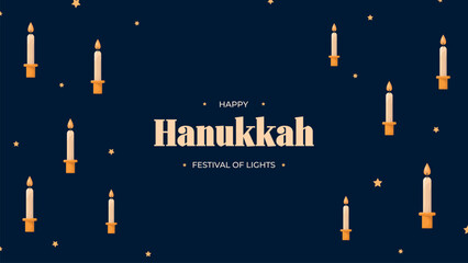 Happy Hanukkah Jewish Holiday Social Media Post Template.Hanukkah on blue horizontal background with holiday candles and stars.Design for Jewish Festival of light. Place for your text.