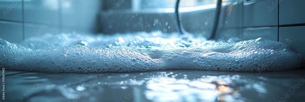Poster a close-up of bubbling water on a tiled floor, creating a serene and tranquil atmosphere.